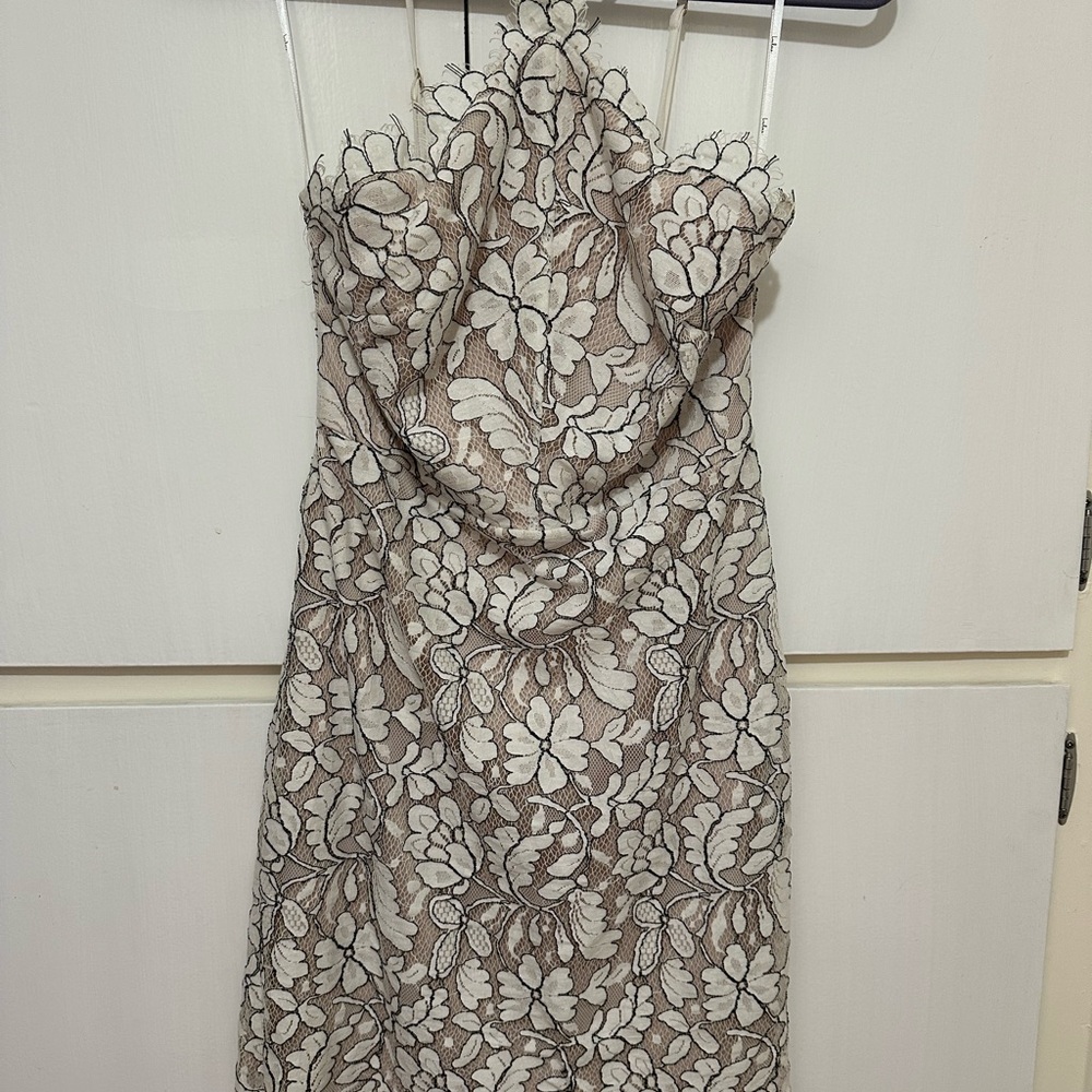 Lulu's Strapless Floral Lace Dress in Cream and Brown